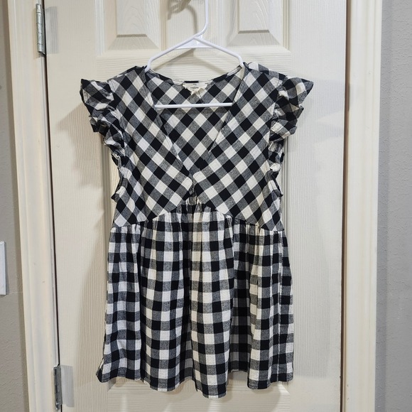 entro Tops - Entro Black White Gingham Ruffle Sleeve Babydoll Top V-Neck Cotton T15450 size S